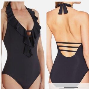 Bleu Rod Beattie Black Ruffle Lattice Plunge One Piece Swimsuit Size 10